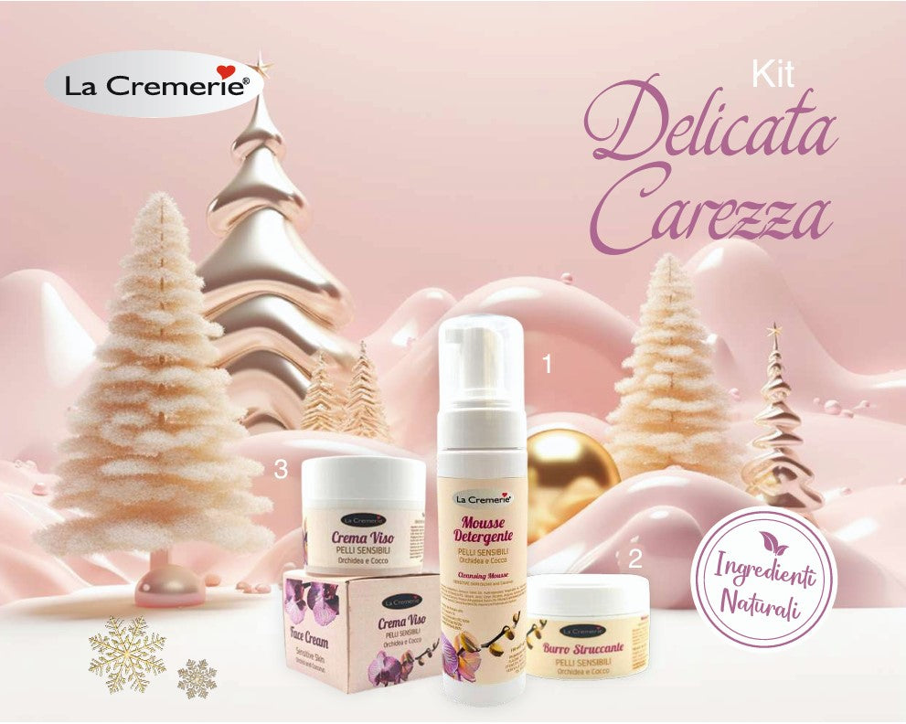 kit delicata carezza - 12 pz  Burro struccante orchidea e cocco 100ml + 12 pz Mousse detergente 100ml + Crema viso orchidea e cocco 50ml